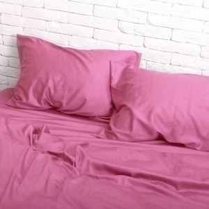 Cotton Sateen Bedding Set of 5 Pieces in Pink. Flat Sheet, Fitted Sheet, Duvet Cover, 2 Pillowcases. Twin Full Queen AU EU