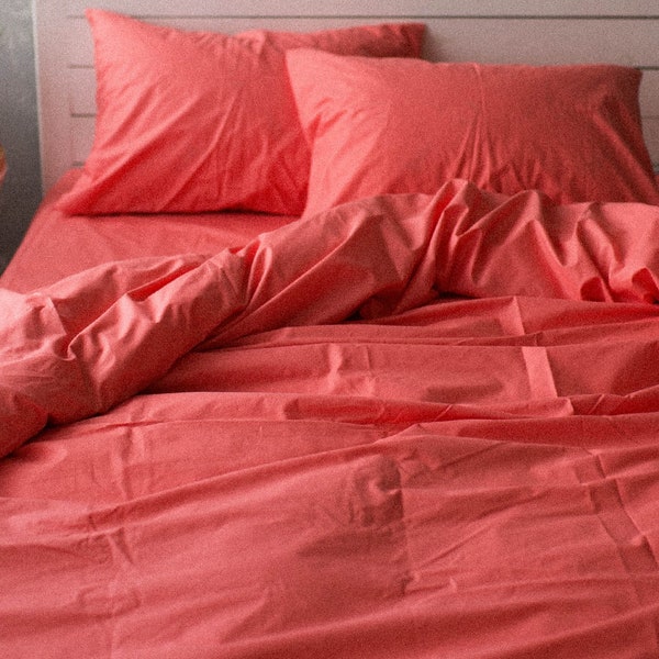 Natural Cotton Duvet Cover in Coral. Twin, Full, Queen, King, Single, KingSingle, Double, Custom Size