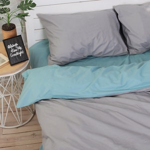 Cotton Sheets Set of 4 Pieces in Gray and Aquamarine. Top sheet, Fitted sheet, 2 Pillowcases. Twin Full Queen Custom Bed Linen