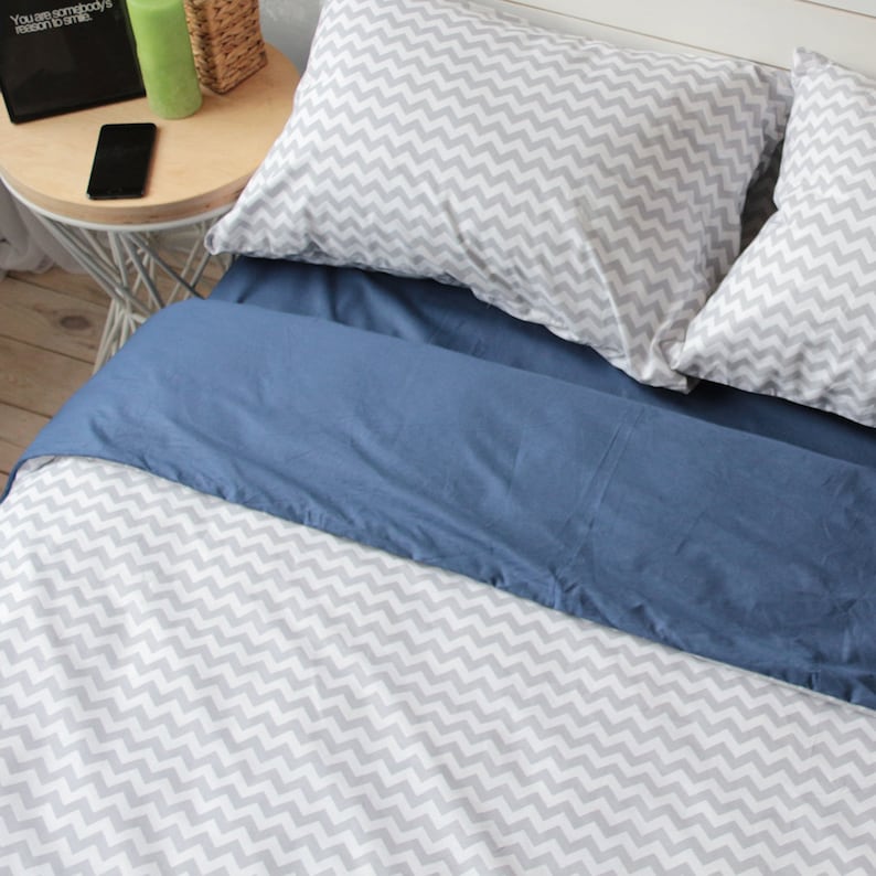 Natural Cotton Doublesided Duvet Cover in Blue and Grey. Etsy