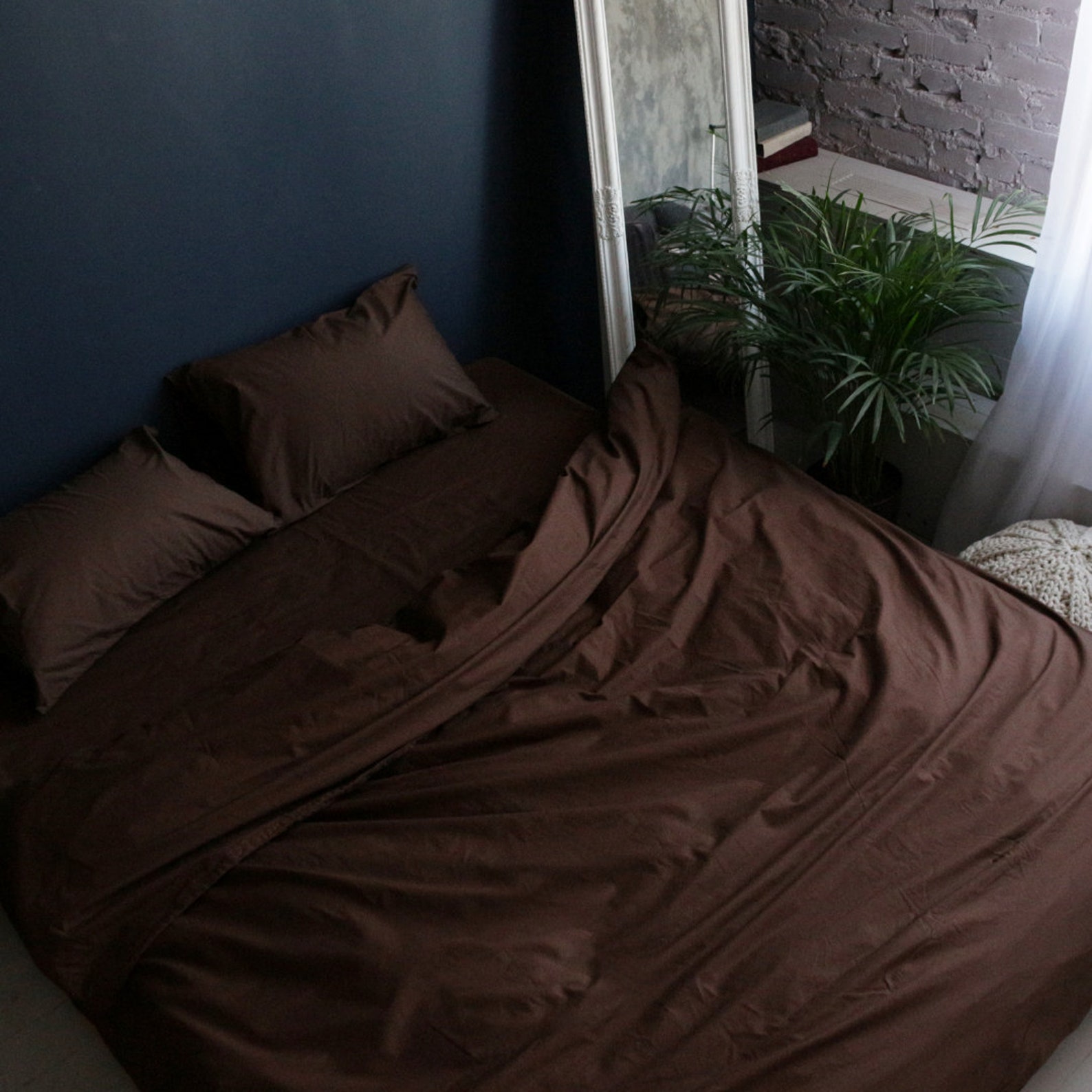 Cotton Sheets Set of 4 Pieces in Dark Brown. Top Sheet Fitted - Etsy