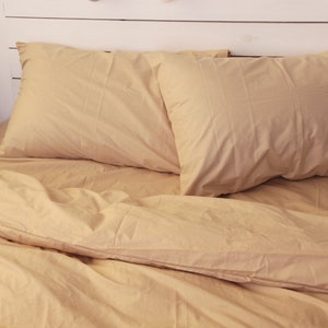 Cotton Bedding Set of 5 Pieces in Beige. Flat Sheet, Fitted Sheet, Duvet Cover + 2 Pillowcases. Twin Full Queen AU EU Bed Linen