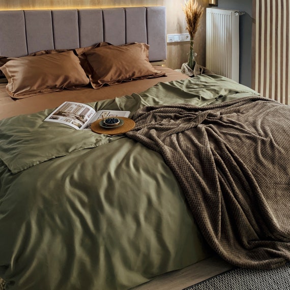 Cotton Sateen Bedding Set of 5 Pieces in Olive and Brown. Flat Sheet Fitted Sheet Duvet Cover 2 Pillowcases. Twin Full Queen AU EU Etsy UK