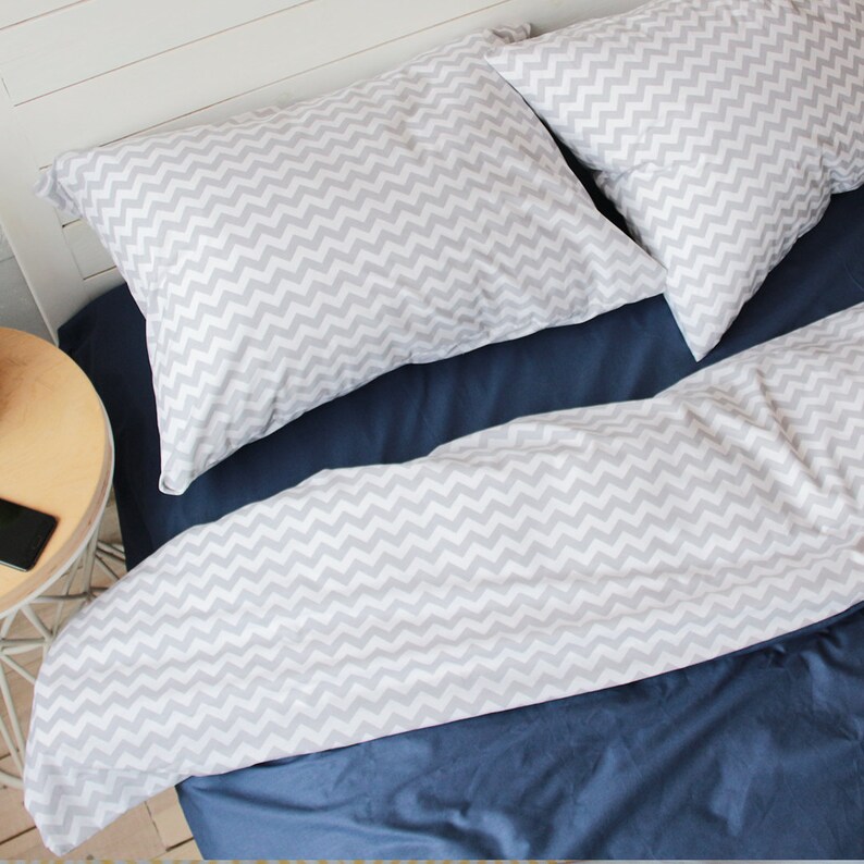 Natural Cotton Doublesided Duvet Cover in Blue and Grey. Etsy