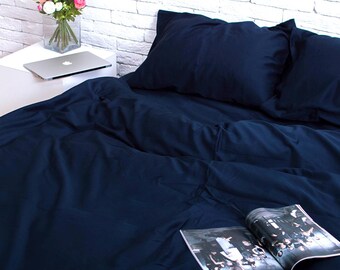 Drap-housse en satin de coton bio bleu foncé - Linge de lit doux et respirant, poche profonde personnalisée