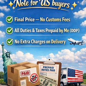 Puede incluir: Imagen con la bandera estadounidense y el texto "Note for US buyers". Incluye una caja con la etiqueta "PAID", una carpeta con "PREPAID DUTIES PAID" y un cami&oacute;n con un dise&ntilde;o de la bandera estadounidense. Tambi&eacute;n se ve la Estatua de la Libertad.