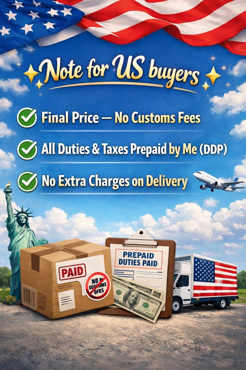 Puede incluir: Imagen con la bandera estadounidense y el texto "Note for US buyers". Incluye una caja con la etiqueta "PAID", una carpeta con "PREPAID DUTIES PAID" y un cami&oacute;n con un dise&ntilde;o de la bandera estadounidense. Tambi&eacute;n se ve la Estatua de la Libertad.