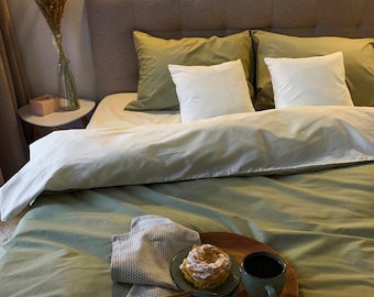 Natural Cotton Double-sided Duvet Cover in Olive and Cream. Twin, Full, Queen, King, Single, KingSingle, Double, Custom Size