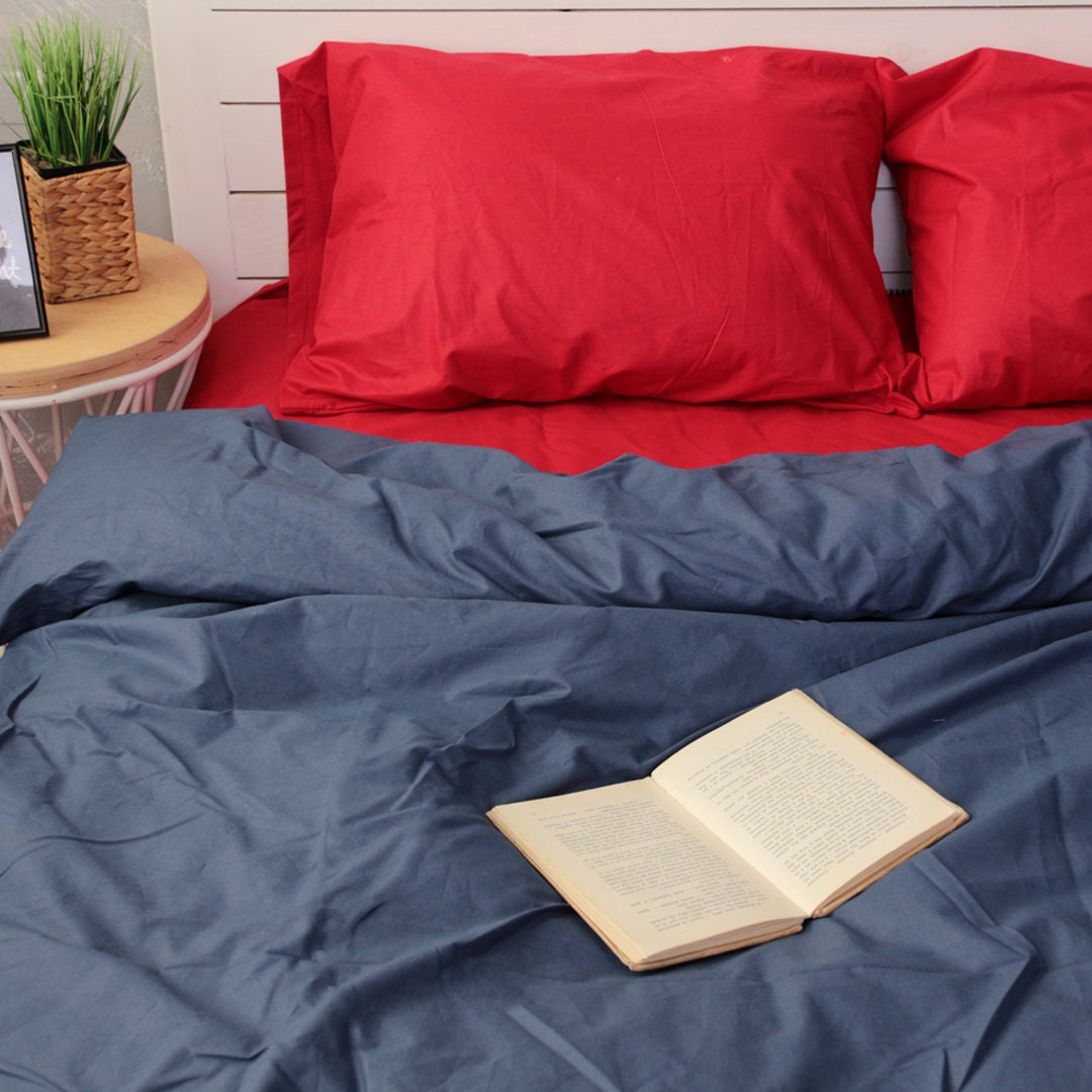 Cotton Bedding Set of 5 Pieces in Blue and Red. Flat Sheet Etsy.de