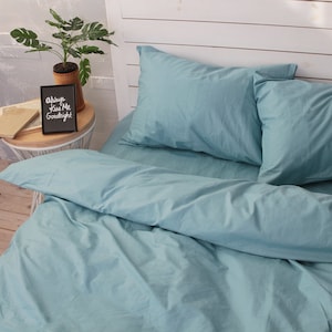 Cotton Sheets Set of 4 Pieces in Aquamarine. Top sheet, Fitted sheet, 2 Pillowcases. Twin Full Queen Custom Bed Linen