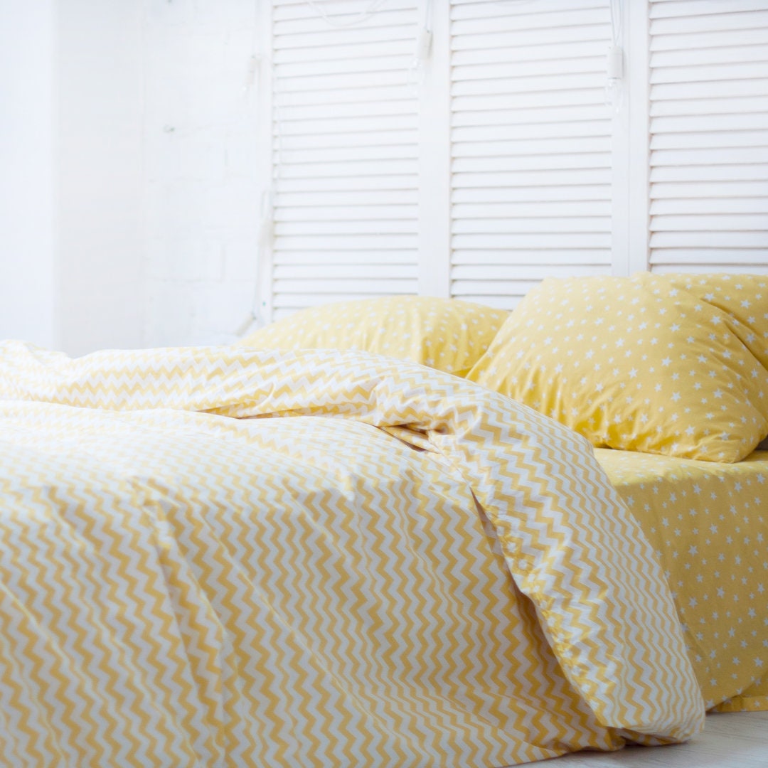 100 Cotton Pillowcase in Yellow and Stars. Handmade Pillow Case