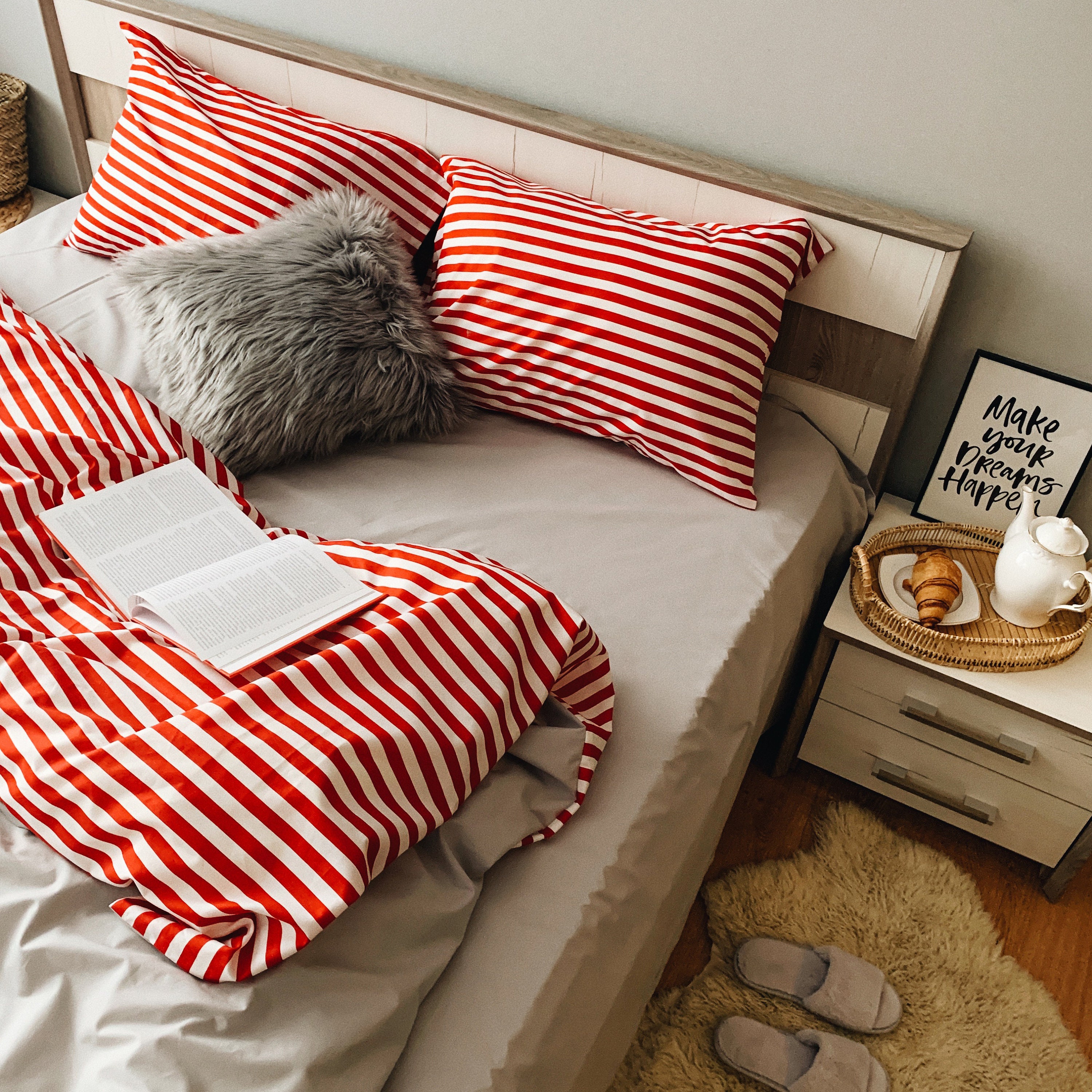 Natural Cotton Doublesided Duvet Cover in Light Gray and Red Stripe