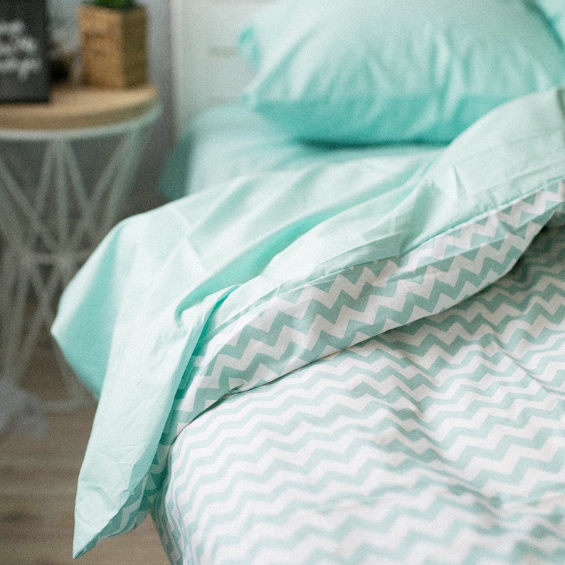 Natural Cotton Doublesided Duvet Cover in Mint and Strips. Etsy