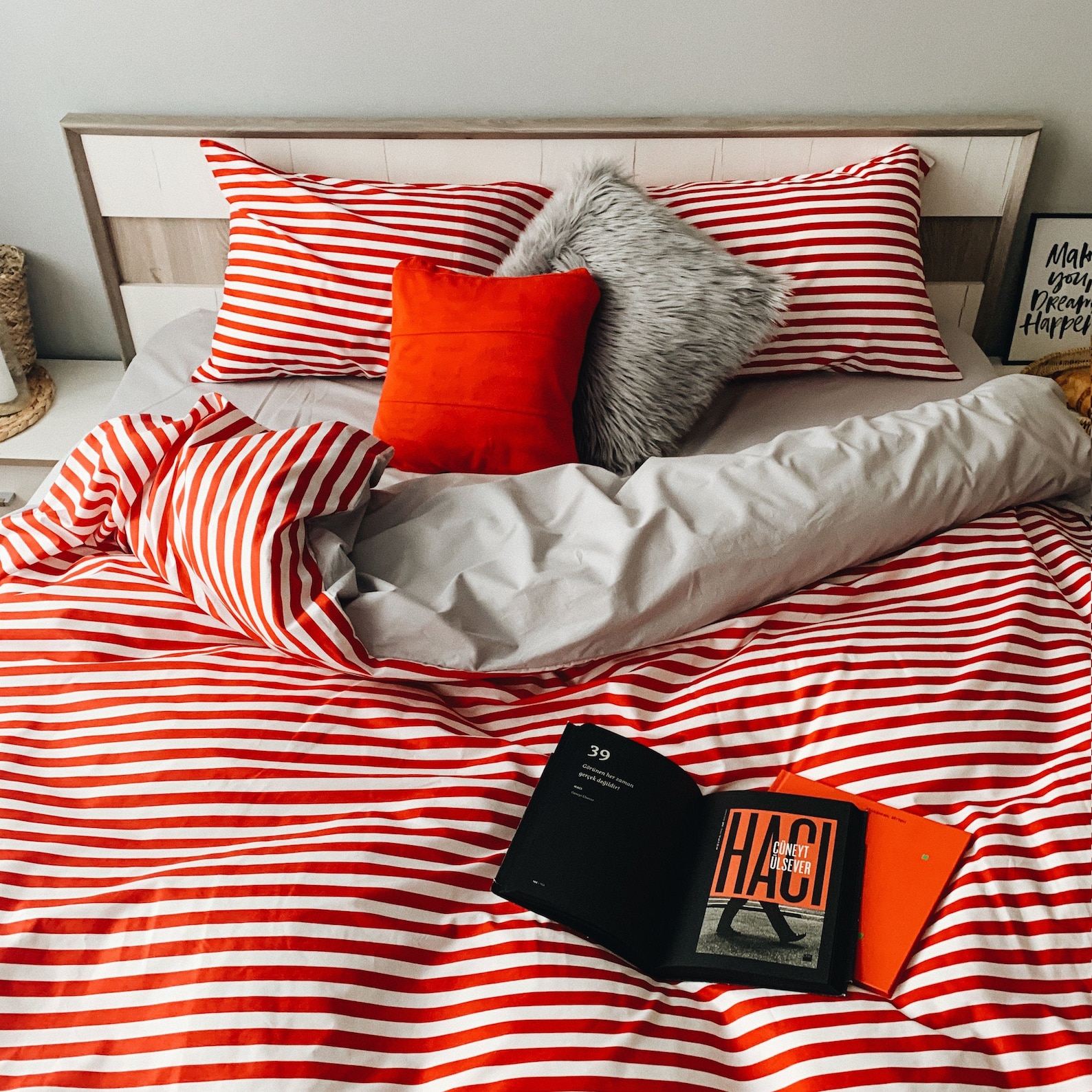 Natural Cotton Doublesided Duvet Cover in Light Gray and Red Stripe