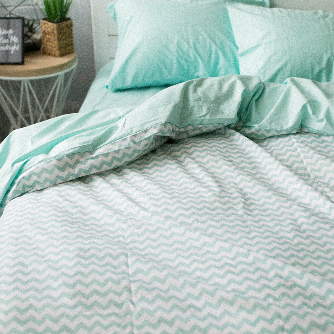 Natural Cotton Doublesided Duvet Cover in Mint and Strips. Etsy