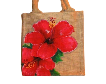 Petit sac hibiscus rouge en jute peint à la main