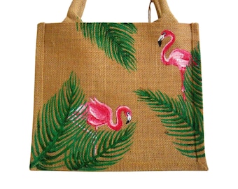 Hand painted small jute flamingos bag for women