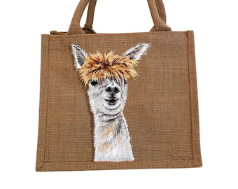 Funny Lama small jute bag hand painted