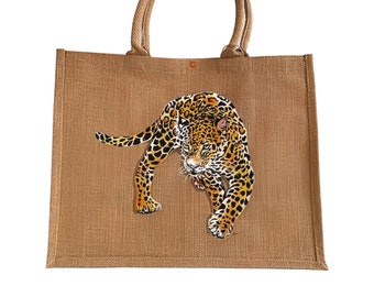 Leopard large jute beach bag hand painted