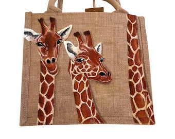 Sac en jute girafes rigolotes peint à la main