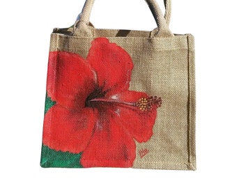 Hibiscus hand painted  jute bag for women