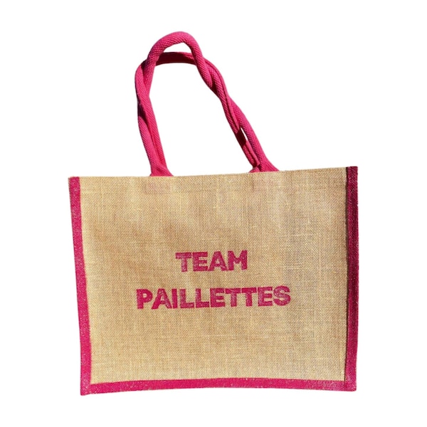 Grand sac de plage en jute "team paillettes"  peint à la main