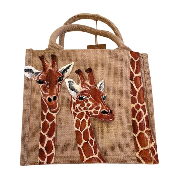 Sac en jute girafes rigolotes peint à la main