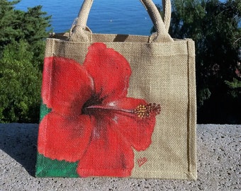 Hibiscus hand painted  jute bag for women