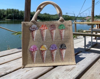 Ice cream cones jute bag, hand painted