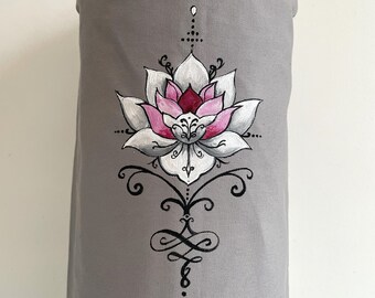 Yoga mat bag, organic cotton, whit lotus flower hand painted