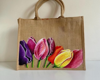 Tulip jute shopping bag handpainted