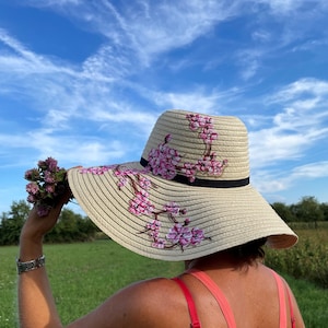 Straw hat with cherry blossom hand painted for women