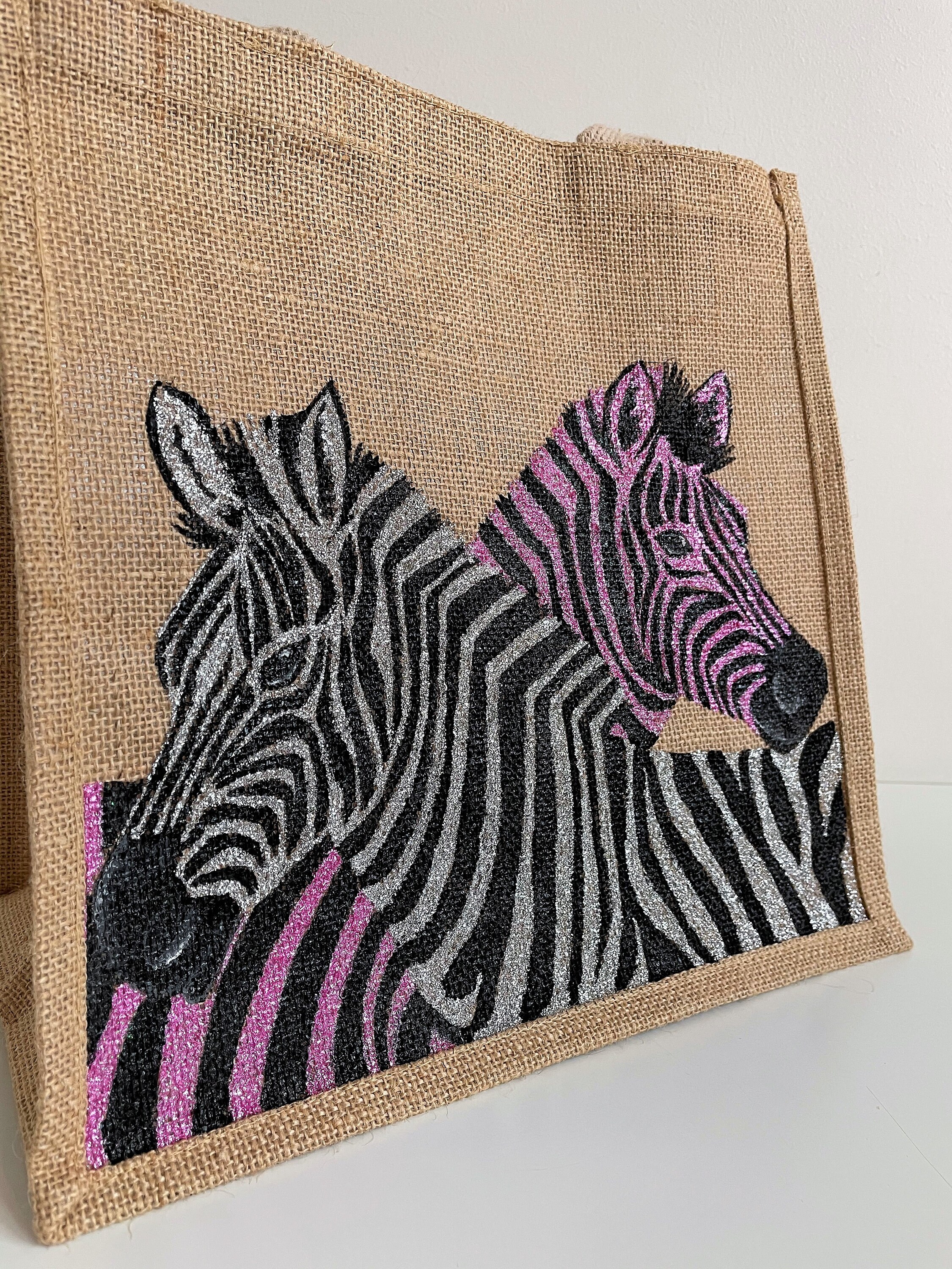 Gliterred Zebras Jute Bag Medium Size Hand Painted - Etsy India