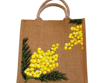 Sac jute mimosa cadeau pour elle peint à la main taille M