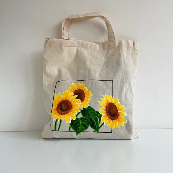 Tote bag en coton beige avec des tournesols peints à la main