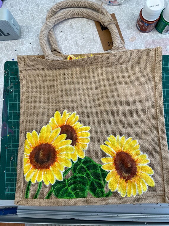 Sunflowers Medium Jute Bag Hand Painted Etsy Canada