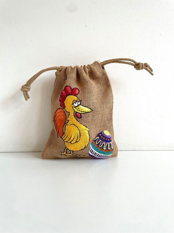 Pochon poule de Pâques fun en jute brute peint à la main