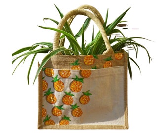 Pineapple hand painted jute and cotton bag