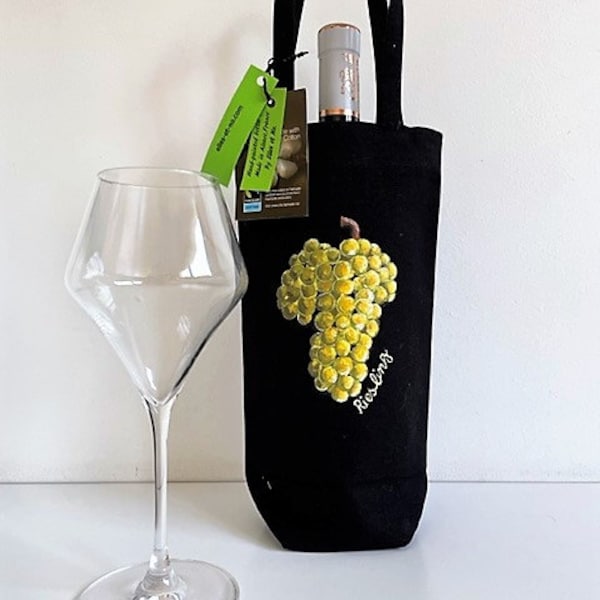 Sac à bouteille avec grappe de raisin Riesling peinte à la main, en coton bio