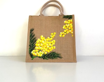 Sac jute mimosa peint à la main taille M