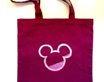Mickey head Burgundy cotton tote bag hand-painted
