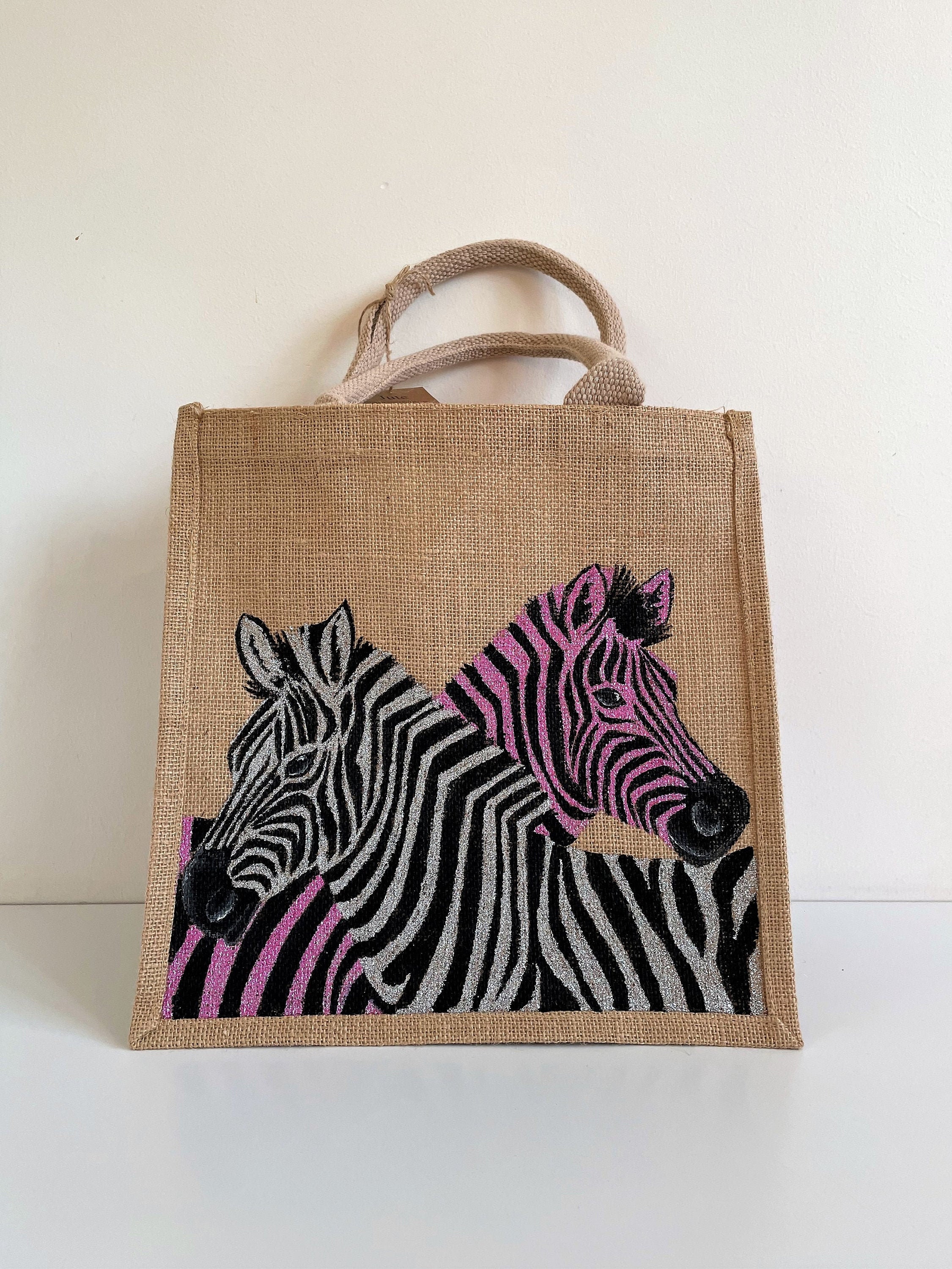 Gliterred Zebras Jute Bag Medium Size Hand Painted - Etsy India