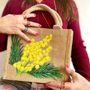 Mimosa little jute bag hand painted