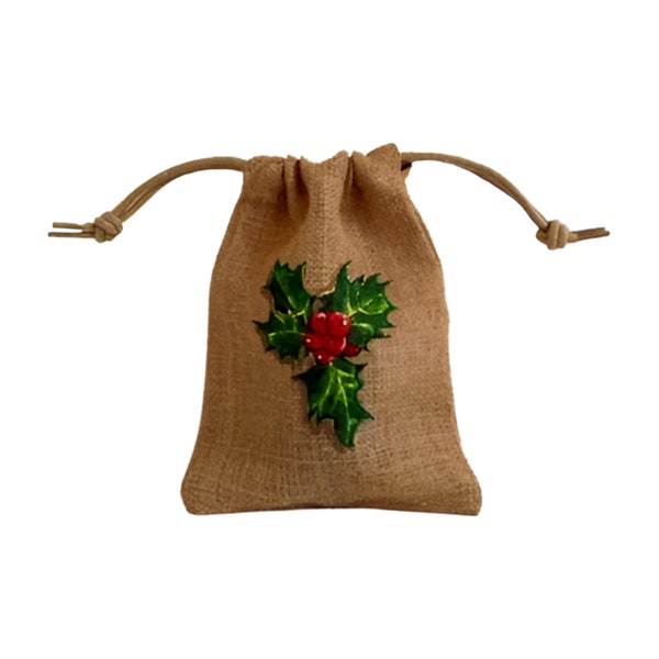 Petit sac en jute avec  houx de Noël, peint à la main