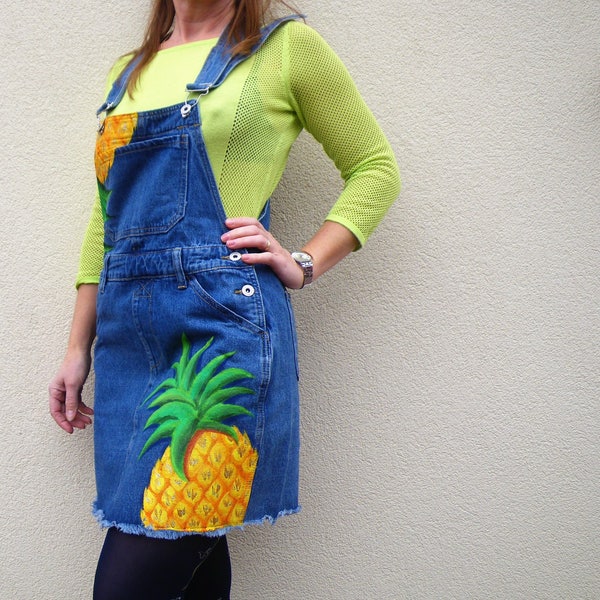 Robe-salopette ananas en jean peinte à la main pour femme et fille