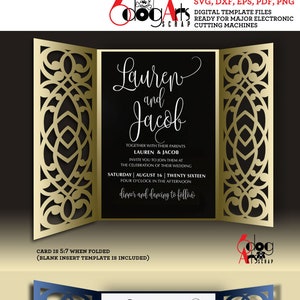 May include: A laser cut wedding invitation template with a gold and blue design. The invitation reads "Lauren and Jacob" with the wedding date and time. The template is ready for major electronic cutting machines.
