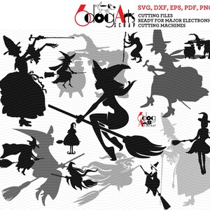 May include: A set of ten black silhouette images of witches flying on broomsticks. The images are in various poses and styles, and some are holding wands or other magical objects. The images are ready to be cut using electronic cutting machines.