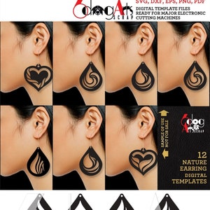 12 Nature Teardrop Heart Earring Pendant Digital Templates SVG DXF Vector Files Laser GlowForge Cricut Cutting Instant Download JB-2025 image 2