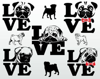 Pug Dog Love Digital Vector Files Svg Dxf Eps Png Silhouette SCAL Cricut Motivational Download for DIY Paper Vinyl Cutting JB-635