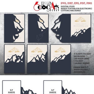 Modelos de envelope de cartão de bolso de manga de convite de montanha Corte digital SVG DXF Download Laser Silhouette Cricut Die Cutting JB-1833